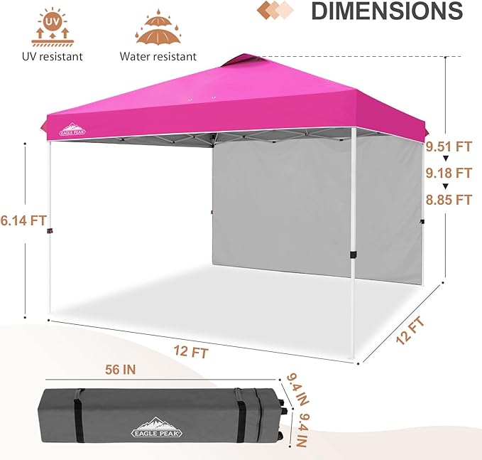 EAGLE PEAK Pop Up Canopy Tent with 1 Sidewall, Easy Setup Event Tent, Outdoor Sun Shade, Wheeled Carry Bag, Stakes and Guy Ropes, Instant Canopy 12x12, Pink