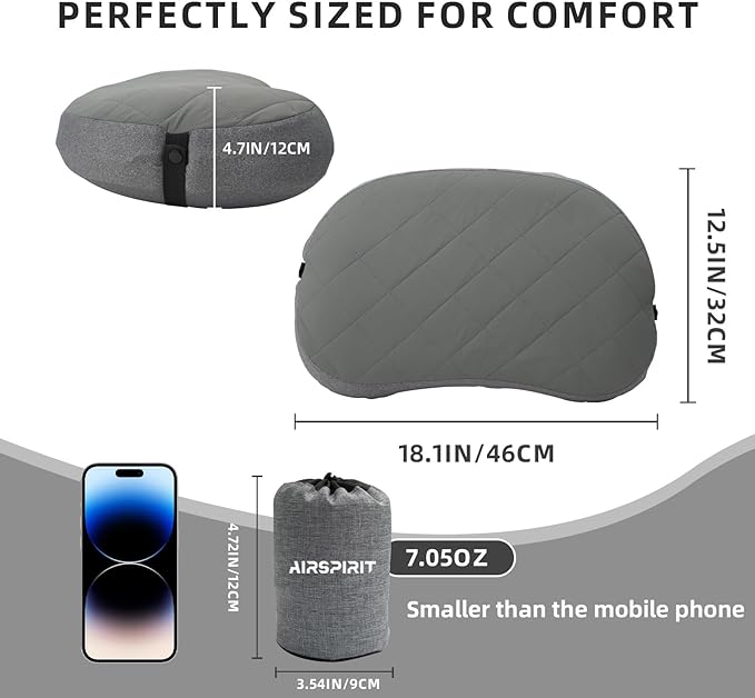 AIRSPIRIT Ultralight Camping Pillow Inflatable with Removable Washable Cover, Compact Travel Pillow for Neck Support, Hiking, Backpacking, Office, Airplane, Car & Beach - Adjustable Firmness(Grey)