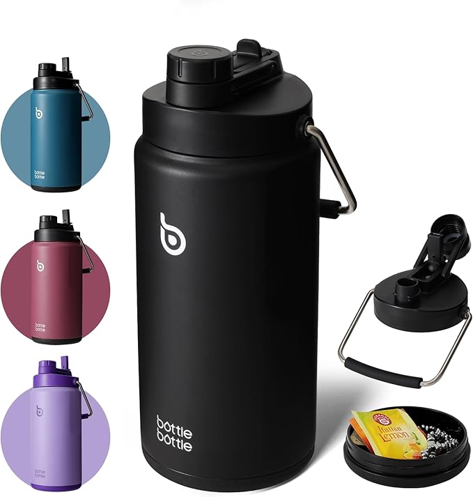 BOTTLE BOTTLE Insulated Water Bottle 64 oz with Straw and Dual-use Lid Half Gallon Water Jug Vacuum Stainless Steel for Workout and Sports Insulated Beer Growler with Handle Dark black
