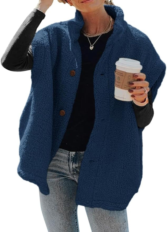 Hongqizo Womens Fuzzy Fleece Vest Casual Oversized Warm Button Down Sherpa Vest Jacket with Pockets