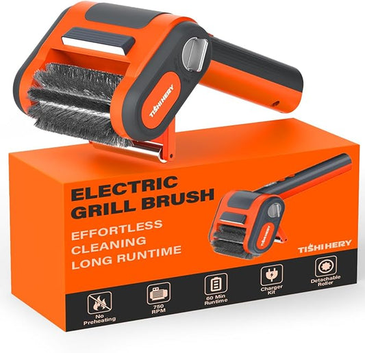 Electric Spin Grill Brush for Outdoor Grill, 750 RPM High-Speed Stainless Steel Brush Head, 3000mAh Battery, No Preheating Grill, No Bristle Shedding, Rechargeable BBQ Grill Brush with LED Light