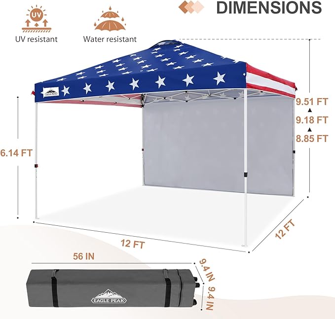 EAGLE PEAK Pop Up Canopy Tent with 1 Sidewall, Easy Setup Event Tent, Outdoor Sun Shade, Wheeled Carry Bag, Stakes and Guy Ropes, Instant Canopy 12x12, American Flag