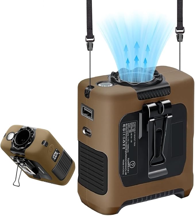 Portable Fans Strong Airflow Personal Waist Fan with Max 40H Runtime Hands Free Neck Fans Wearable Belt Fan for Outdoor Jobsite Camping and Traveling 5 Speeds USB-C Rechargeable 10000mAh (Brown)
