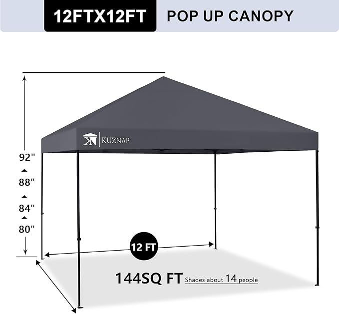 12’x12’ Pop up Canopy Tent Patented EZ Set up Instant Outdoor Canopy with Wheeled Carry Bag Bonus 4 Weight Sandbags, 8 Stakes and 4 Ropes， Grey