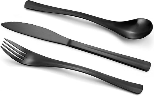 Bysta 24 Piece Black Silverware Set, Knife Fork Spoon Set, Stainless Steel Flatware Cutlery Set, Kitchen Utensil Set Service for 8, Tableware Set for Home and Restaurant, Dishwasher Safe, Satin Finish