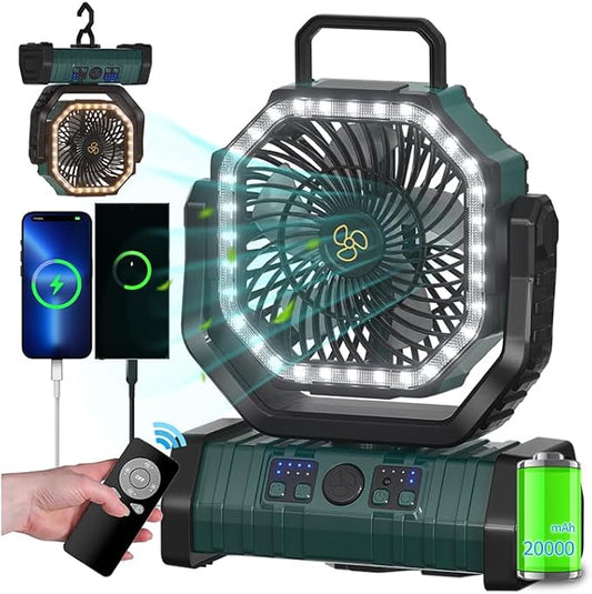 ADUST Camping Battery Operated Powered Fan with LED Lantern Light 20000mAh Rechargeable Portable, Oscillating Fan with 360° Rotation Hanging Hook for Tents, Cordless USB Desk Fan(Blackish Green)