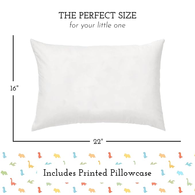 LittleSleepy Head Youth Pillow with Pillowcase 16x22, Soft Jumbo Toddler Pillow & Hypoallergenic Pillowcase - Best Kids Pillows for Sleeping, Perfect Kids Travel Pillow (Little Dinos)