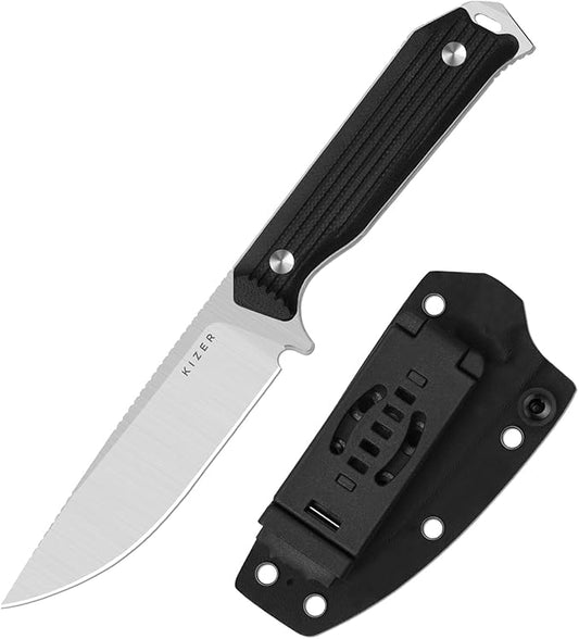 Kizer Begleiter Fix Fixed Blade Knife, 3.78" Drop Point AEB-L Blade Hunting Knives with Kydex Sheath, Black G10 Handle EDC Knife for Camping Hunting Survival 1045MD2
