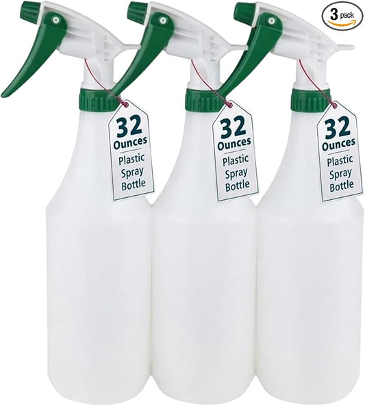 (3 Pack) Plastic Spray Bottle 32 Oz | All-Purpose HDPE Spraying Bottles Leak Proof Mist Empty Water Sprayer for Cleaning Solution, Oils, Hair, Planting, Pet with Adjustable Nozzle - White/Green