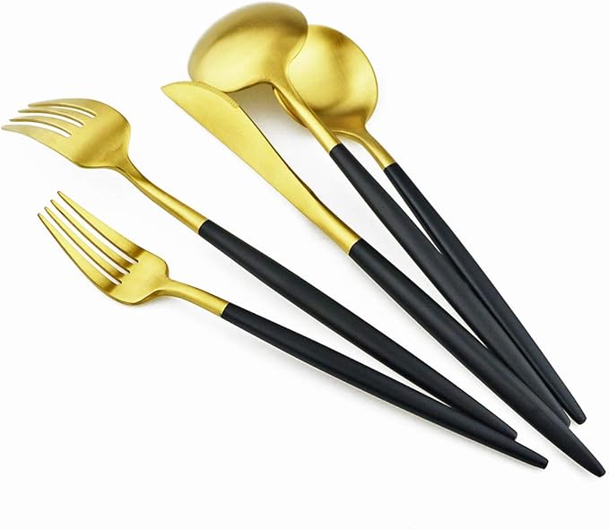 Gugrida Black Gold Flatware, Royal 20 Piece Matte Black Handle 18/10 Stainless Steel Tableware Sets for 4 Including Forks Spoons Knives, Camping Silverware Travel Utensils Set Cutlery (Black Gold)