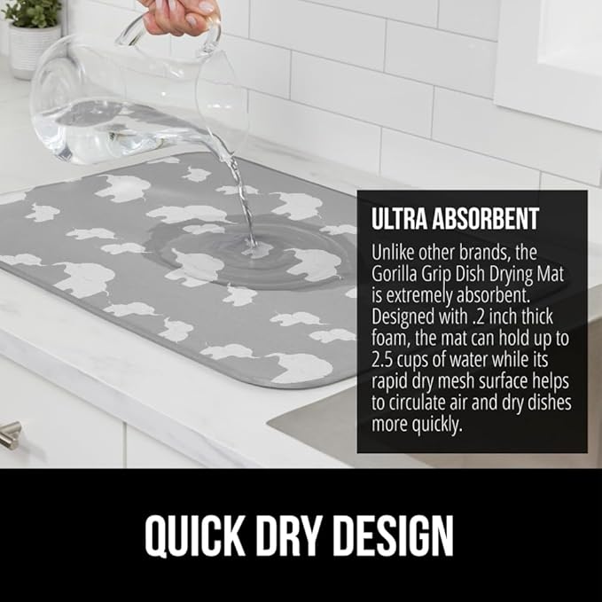 GORILLA GRIP Ultra Water Absorbent Microfiber Dish Drying Mat, Quick Dry Thick Mesh, Slip Resistant Pad for Sink Dishes or Under Rack, Kitchen Counter Accessories, 16x18, Machine Wash Mats, Elephants