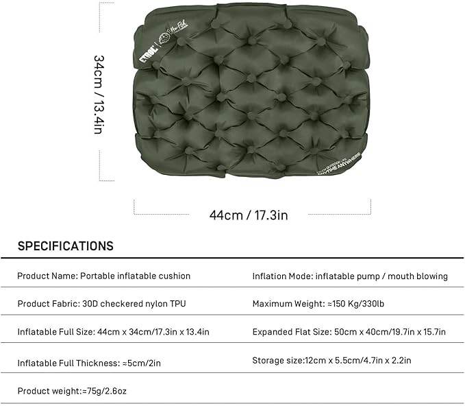 ETROL Portable Inflatable Seat Cushion, Lightweight Camping Air Sitting Pad with Storage Bag and Repair Cloths, Waterproof Air Bleacher Seat Cushion