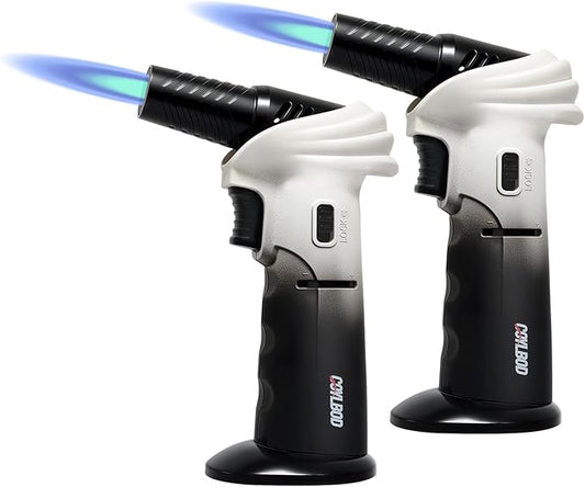 Butane Torch Lighter, 0-90°Rotating Angle Butane Lighter, Refillable Kitchen Torch with Safety Lock, Adjustable Flame for Soldering (White & Black-2 Pack)