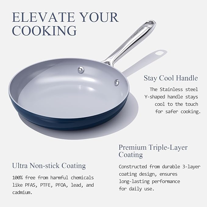 Nonstick Ceramic Frying Pan 8" for All Cooktops, PTFE/PFOA/PFAS Free, Even Heat Distribution Oven Safe up to 500°F, Healthy Non Toxic Skillet w/Ergonomic Stainless Steel Handle, Navy Blue
