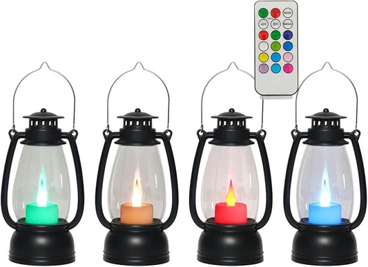 LLQ Small Western Lanterns Decorative with Remote Timer & Color Changing for Table Centerpieces, Small Lanterns Vintage Camping Hanging Lamp Ornaments for Cowboy Wedding Halloween Christmas, 4-Pack