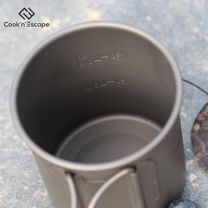 COOK'N'ESCAPE 375ml Camping Mug, Small Titanium Cup with Lightweight Backpacking Coffee Mug Foldable Handle for Outdoor Hiking Picnic Open Fire Cooking