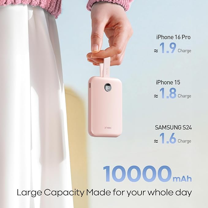iWALK Magnetic Power Bank 10000mAh, 30W Wireless Portable Charger with Fast Charging USB-C Cable,Qi2 Certified 15W Battery Pack with LED Display for iPhone 16/16 Pro/15/14/13/12 Series, Samsung Galaxy
