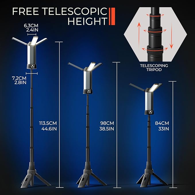 Rechargeable LED Work Light with Stand - Cordless Work Lights Kit 3 Page Head,500/1000/2000 Lumen 3500/6500K Dimmable 6AH Camping Light with Detachable Tripod,Hooks and Carrying Bag