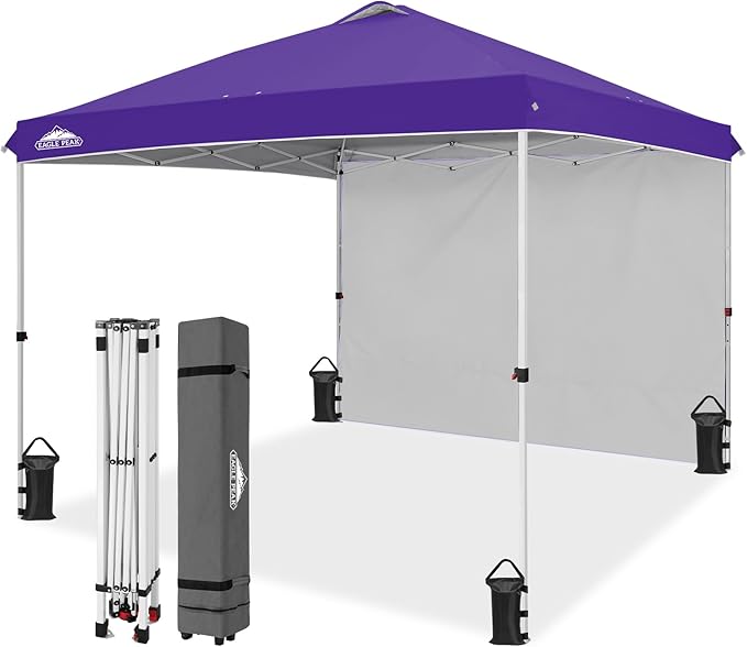 EAGLE PEAK Pop Up Canopy Tent with 1 Sidewall, Easy Setup Event Tent, Outdoor Sun Shade, Wheeled Carry Bag, Stakes and Guy Ropes, Instant Canopy 10x10, Purple