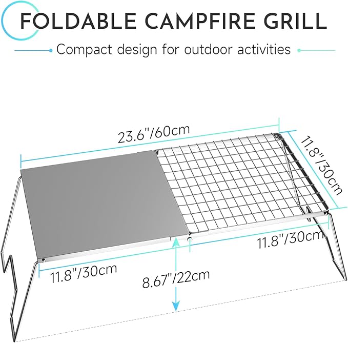 24'' Folding Campfire Grill Grate, Heavy Duty Campfire Cooking Equipment For Compact Storage, Portable Camping Grates Over Fire Pit, Outdoor Campfire Grill And Griddle For Versatile Cooking