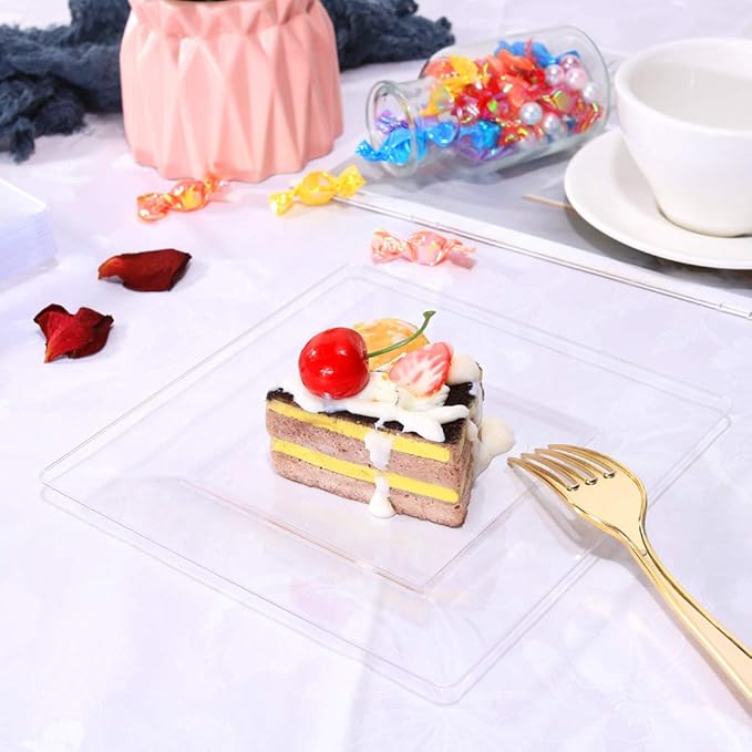 WDF 60PCS Clear Plastic Plates - Square Disposable Dessert/Salad Plates- 7inch Plastic Appetizer Plate for Wedding &Parties