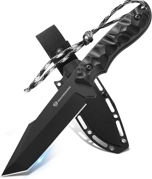 Tanto Fixed Blade Knife with Sheath, Tactical Knife for Men Survival Full Tang Design (E-Full Black)