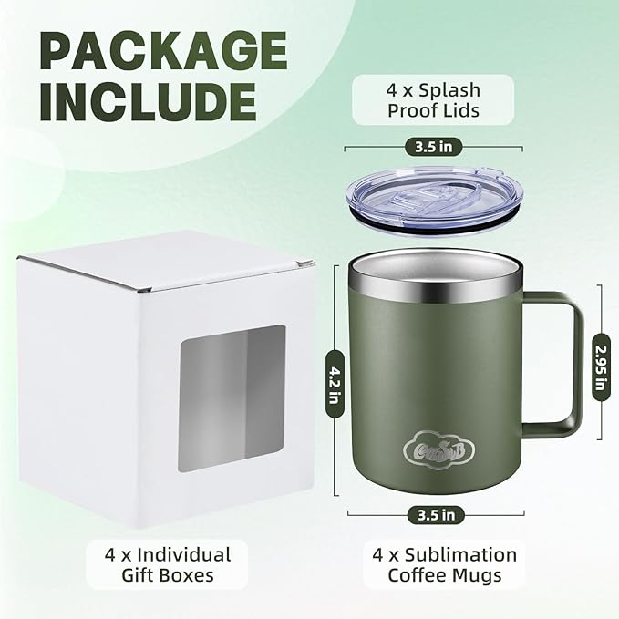 12oz Insulated Coffee Mug with Handle, Stainless Steel Wide Mouth Travel Tumblers with Lid, Double Wall Vacuum Coffee Cup for Camping, Office, Army Green 4 Pack