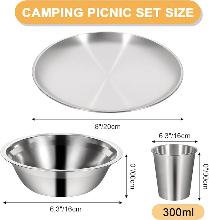 REDCAMP Stainless Steel Camping Mess Kit, Camping Dishes Set for 4, Camp Plate Set with Bowls Plates Cups Forks Spoons, for Backpacking, Outdoor Backpacking Hiking and Picnic