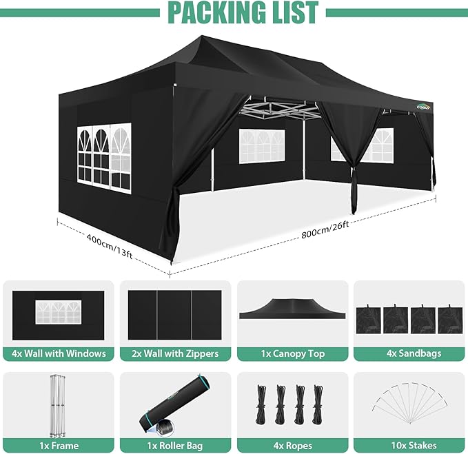 COBIZI 13x26 Pop Up Tent Heavy Duty Canopy with Removable Sidewalls Party Tent Outdoor Wedding Large Event Tent with Roller Bag for Garden Lawn Waterproof UPF 50+ Easy Up, Black (Framework Upgraded)