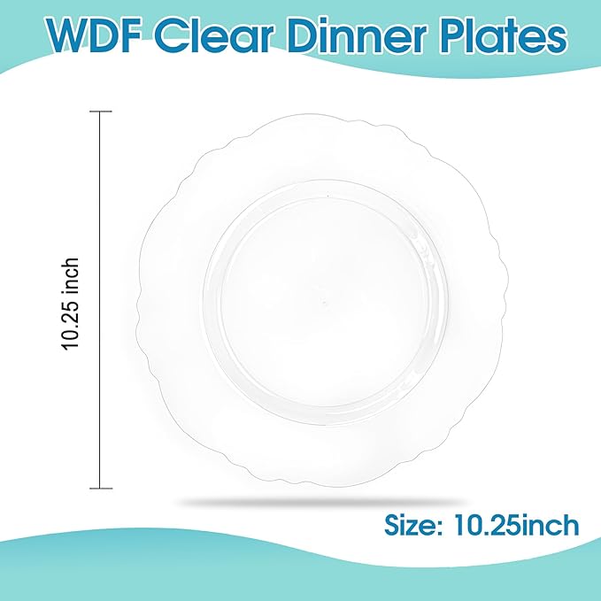 WDF 60pcs Clear Plastic Plates Disposable - 10.25inch Clear Dinner Plates Baroque Disposable Plates for Holiday Gathering, Wedding, Party