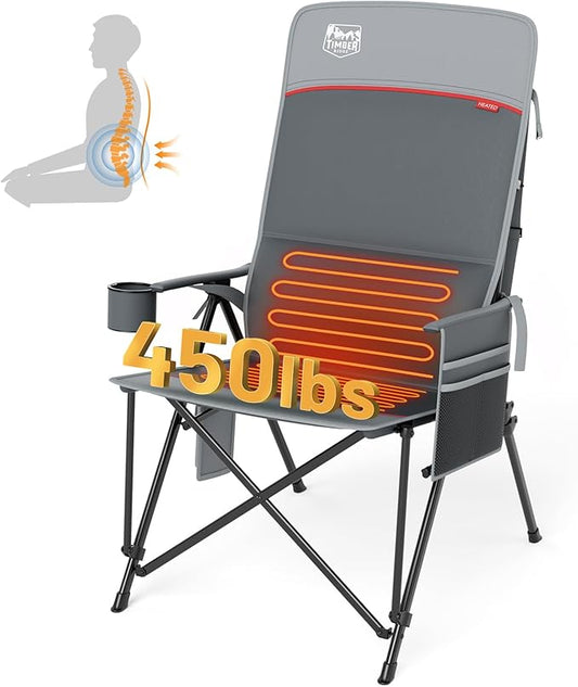 TIMBER RIDGE Oversized Heated Camping Chair with Lumbar Support, Portable Folding Chair Heavy Duty for Adults Supports 450 LBS for Outdoor Camping, Lawn, with High Back (Power Bank not Included)