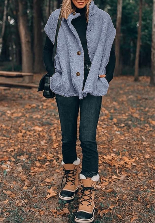 Hongqizo Womens Fuzzy Fleece Vest Casual Oversized Warm Button Down Sherpa Vest Jacket with Pockets