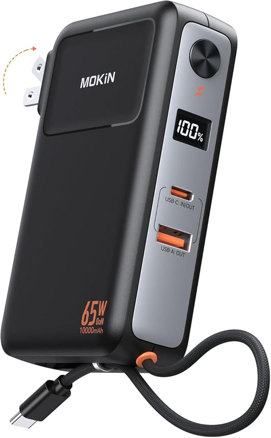 Portable Charger 3 in 1, 10000mAh Power Bank Built in Cable and AC Wall Plug 65W, Phone Battery Pack Fast Charging 35W Max, USB C Travel Chargers for iPhone 16 15 Series, Samsung, MacBook, Laptop