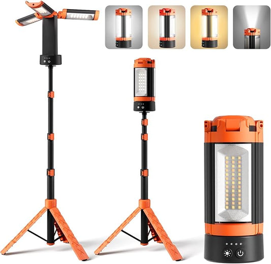 Rechargeable Camping Light with Stand 73" Magnet Work Light Cordless, with 3 Page Head, 2500LM 12000MAH, Hooks & Carrying Bag, Job Site Workshop Outside Orange
