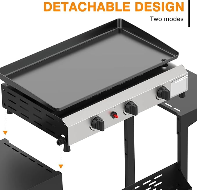 3 Burner BBQ Gas Griddle, 25.6 Inch Stainless Steel Portable Detachable Propane Griddle, 30,000 BTU Flat Top Barbecue Grill with Side Shelves for Camping