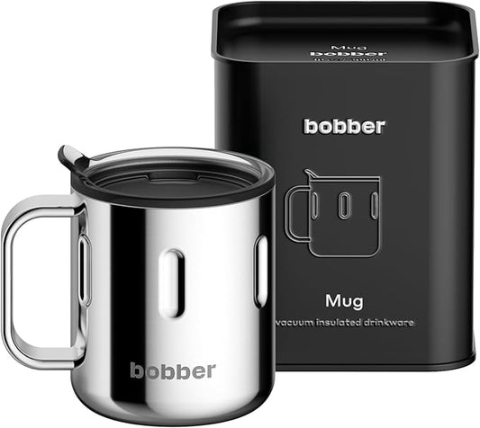 BOBBER 10 oz Triple Wall Insulated Coffee Mug with Handle, Lid & Gift Box – Stainless Steel Coffee Cup for Hot & Cold Drinks, Perfect for Home or Office Use (Glossy)