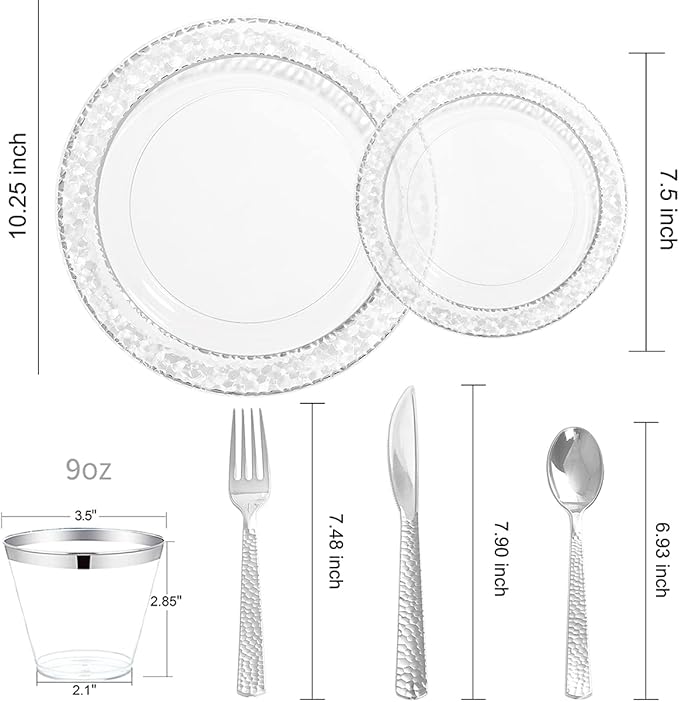 Ciaell 150PCS Clear Silver Plastic Plates - Silver Disposable Plates include 25Dinner Plate, 25Dessert Plate, 25Forks, 25Knives, 25Spoons, 25Cups for Weddings & Parties