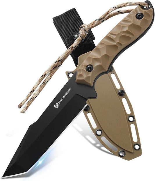 B-ER-TANTO POINT Fixed Blade Tanto Knife with Sheath, 5cr14mov Steel, 9.29" Tactical Knife for Men with Full Tang Design, Khaki