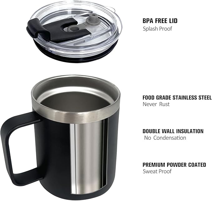 1pack 12oz Coffee Mug With Handle Bulk, Stainless Steel Insulated Travel Tumblers With,Double Wall Vacuum Camping Cup for Hot & Cold Drinks Tea (Black)