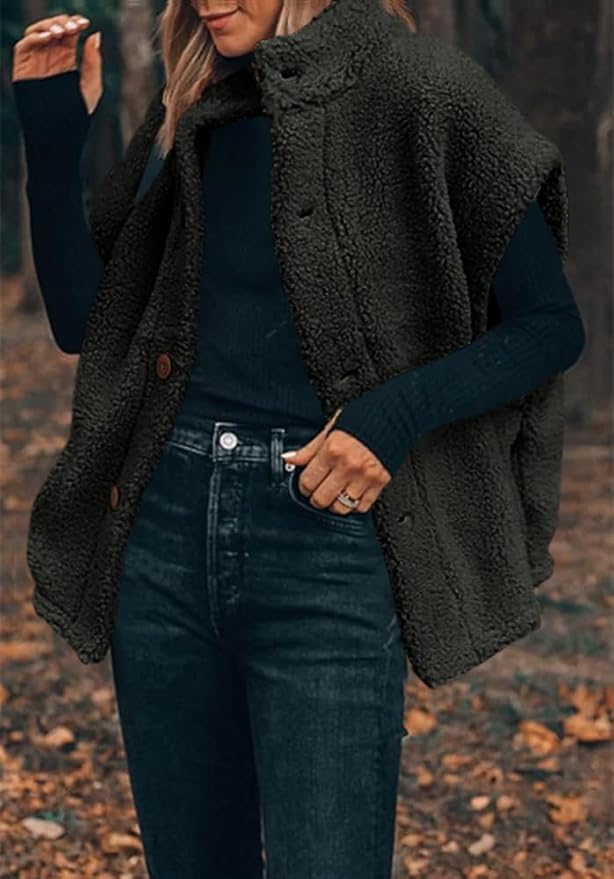 Hongqizo Womens Fuzzy Fleece Vest Casual Oversized Warm Button Down Sherpa Vest Jacket with Pockets