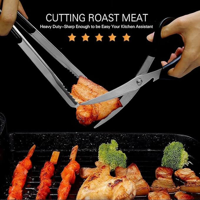 Kitchen Scissors. Korean Barbecue Scissors and Tongs Set, Kitchen Shears and Tongs for Cutting Meat, Chicken, Vegetables, Stainless Steel Multipurpose Non-slip Serrated Sharp BBQ Scissors BBQ Tongs