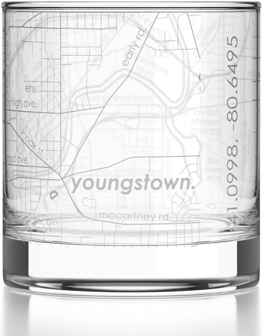 Well Told Engraved Youngstown Ohio Map Rocks Glass, Old Fashioned Glassware (11 oz, Clear) Etched Bourbon Tumbler, Gifts For Whiskey Lovers