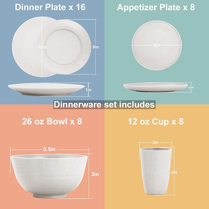 40 Pieces Wheat Straw Dinnerware Sets for 8, Dinner Plates, Cereal Bowls and Drinking Cups, Unbreakable and Reusable Plastic Dinnerware Sets (White)