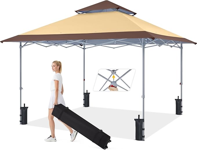 MASTERCANOPY 13x13 Pop-Up Canopy Tent Instant Shelter Outdoor Canopy with Wheeled Bag (Brown&Khaki)
