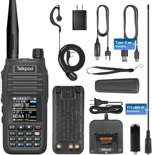 A36SE GMRS Handheld Radio Long Range, Multi Band Walkie Talkie with 771 Aviation Antenna ＆ 805 Antenna, Type-C Rechargeable Battery, AM/FM Reception, NOAA, Two Way Radio with Earpiece (Black)