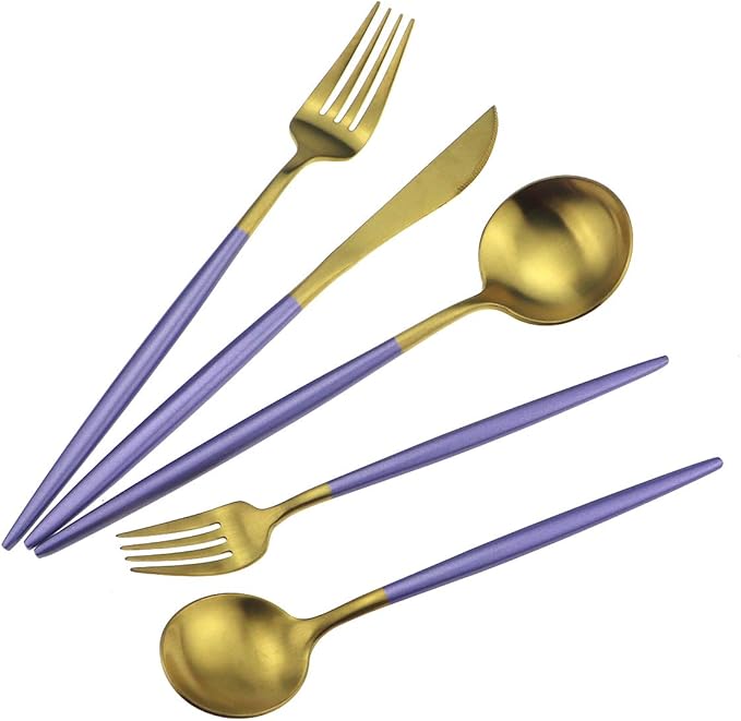 Gugrida Royal 20 Piece Matte Purple Handle 18/10 Stainless Steel Tableware Sets for 4 Including Forks, Spoons, Knives, Camping Silverware Travel Utensils Set Cutlery