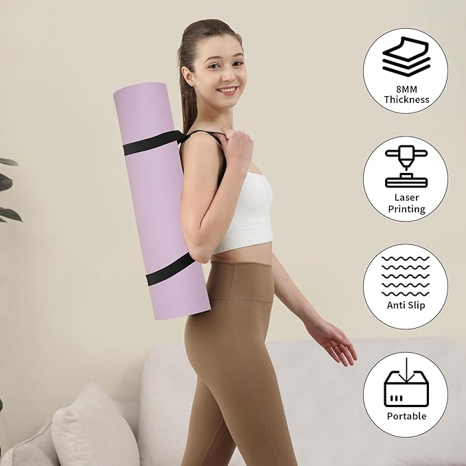 HAHE Yoga Mat Thick (8MM,1/3"), Eco-Friendly POE Non Slip Yoga Mat, High Rebound & Shock Absorption, Anti-Tear & Sweat-Resistant for Yoga, Fitness, Home, Workouts, Large Pilates Mats 72"x24" with Carrying Strap