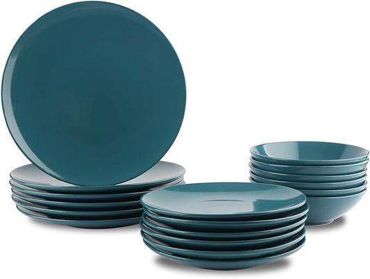 Amazon Basics 18 Pieces Dinnerware Sets, Plates and Bowls, Service for 6, Deep Teal