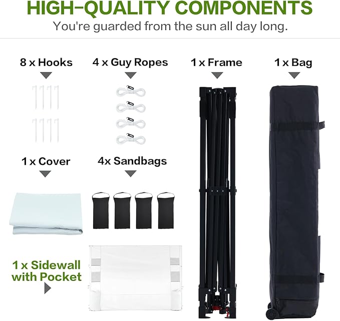 10'x10' Pop Up Canopy Tent with 1 Sidewall and 6 Pockets, One Push Setup, Instant Shade Tent with Vented Roof for Beach Patio Outdoor, Case, 8 Stakes, 4 Ropes, 4 Sandbags (White)