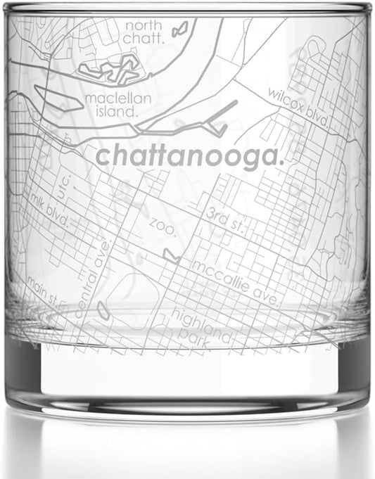 Well Told Engraved Chattanooga Tennessee Map Rocks Glass, Old Fashioned Glassware (11 oz, Clear) Etched Bourbon Tumbler, Gifts For Whiskey Lovers